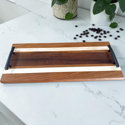 Wooden serving tray with "Gather" engraved, covered bridge workshop brand, ideal for serving food and beverages in rustic style.