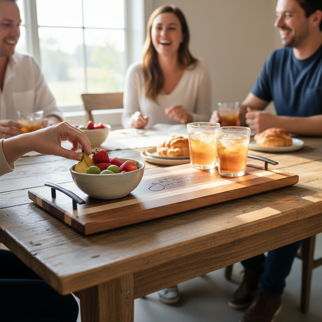 Covered Bridge Workshop Gather serving tray with handles, wooden surface, and decorative design for serving food and drinks.