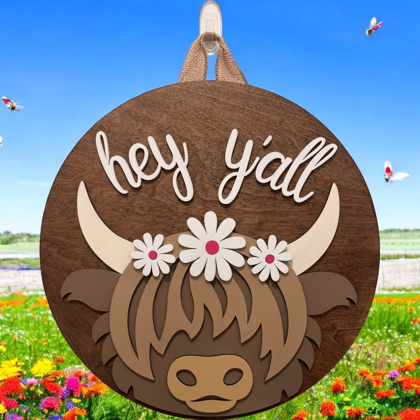 Door Hanger - Hey Y'All Highland Cow