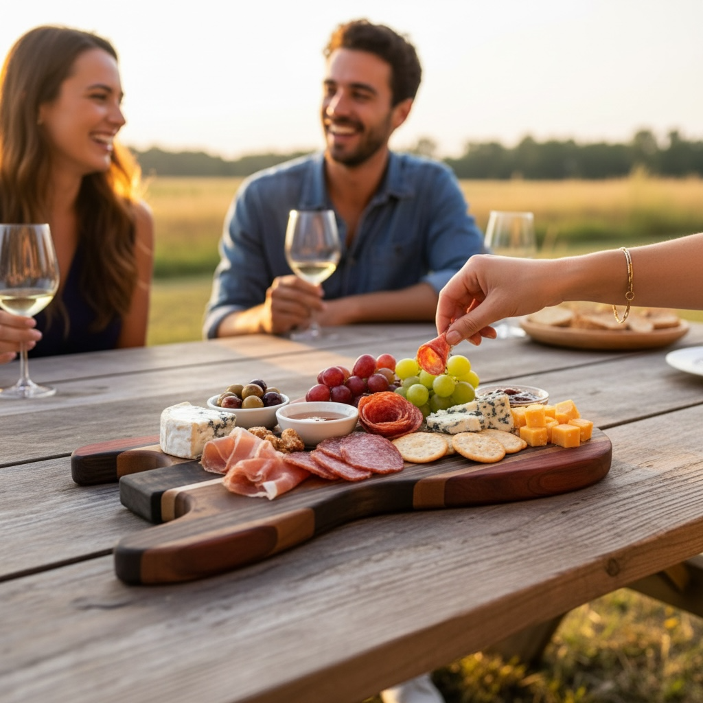 Wooden cutting board with "SRV Strat" engraved, made by Covered Bridge Workshop, ideal for kitchen prep or display.