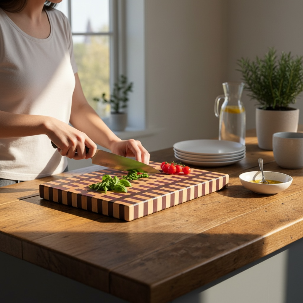Wooden cutting board with sugar magnolia design from Covered Bridge Workshop, showing smooth surface and natural wood grain.