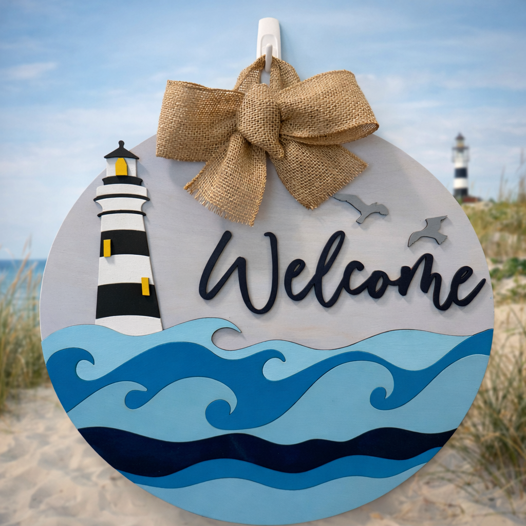 Decorative door hanger featuring lighthouse and waves design from Covered Bridge Workshop, perfect for nautical-themed home decor.