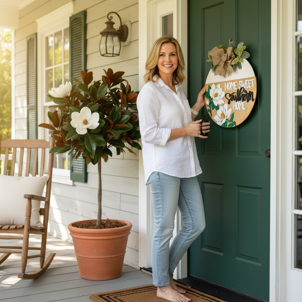Woman standing on a porch with a decorative sign on the door