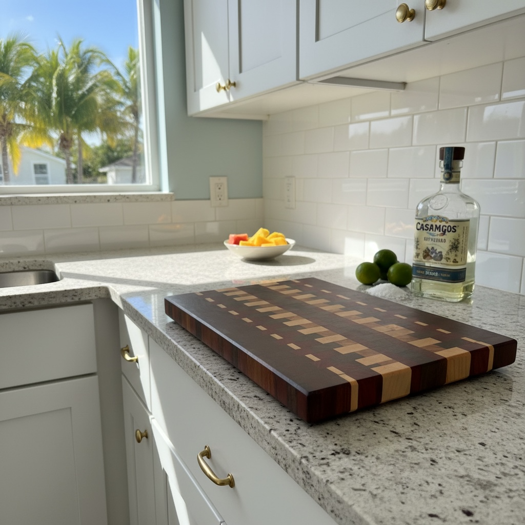 Colorful tequila sunrise-themed wooden cutting board from Covered Bridge Workshop with vibrant orange and yellow design.