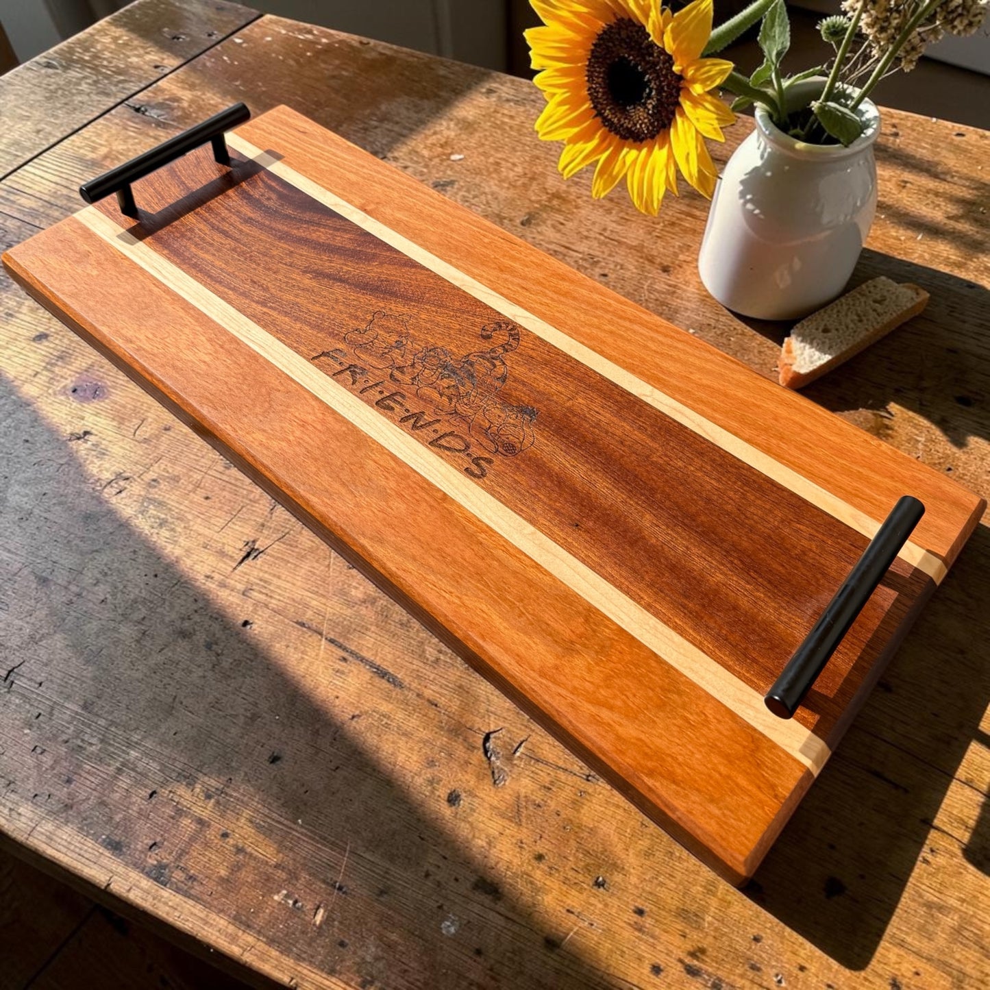 Wooden serving tray featuring Pooh and friends design from Covered Bridge Workshop, perfect for serving snacks or beverages.
