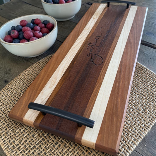Covered Bridge Workshop Gather serving tray made of wood with handles, ideal for serving food and beverages.
