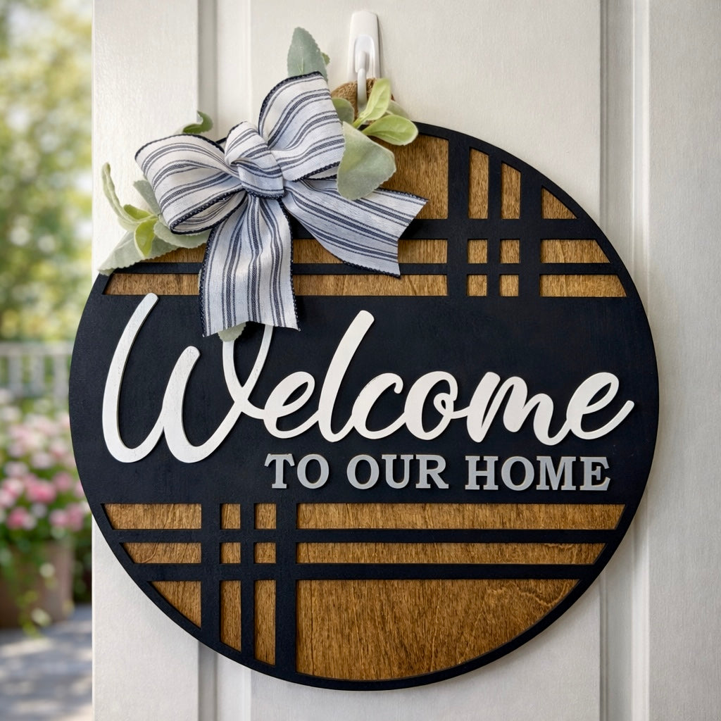 Modern plaid door hanger with "Welcome" sign from Covered Bridge Workshop, featuring a stylish design for front door decor.