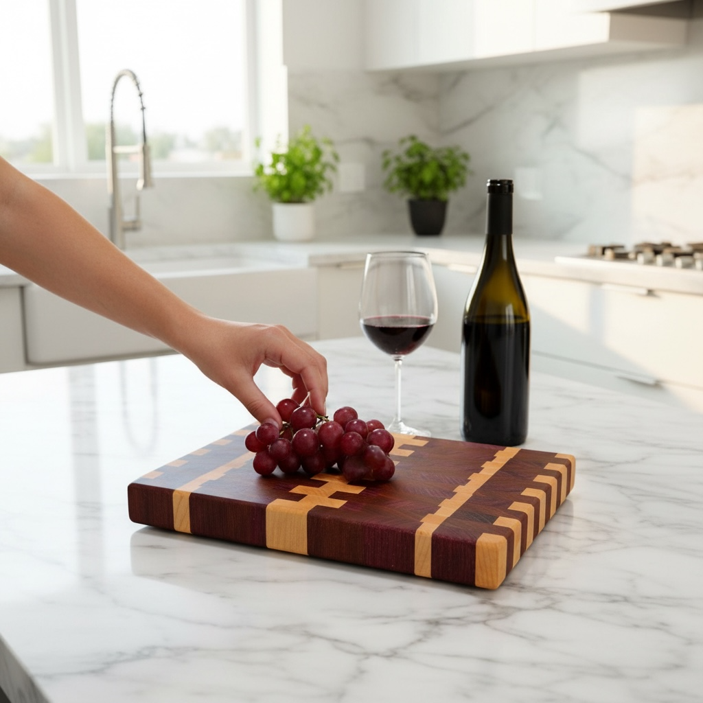 Purple Rain cutting board by Covered Bridge Workshop, featuring a vibrant purple design and sturdy wooden surface.