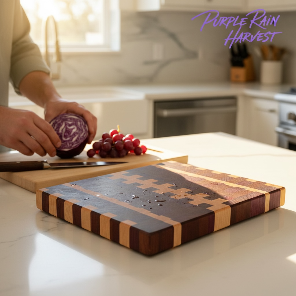Purple Rain cutting board by Covered Bridge Workshop featuring a vibrant purple design and smooth wooden surface.