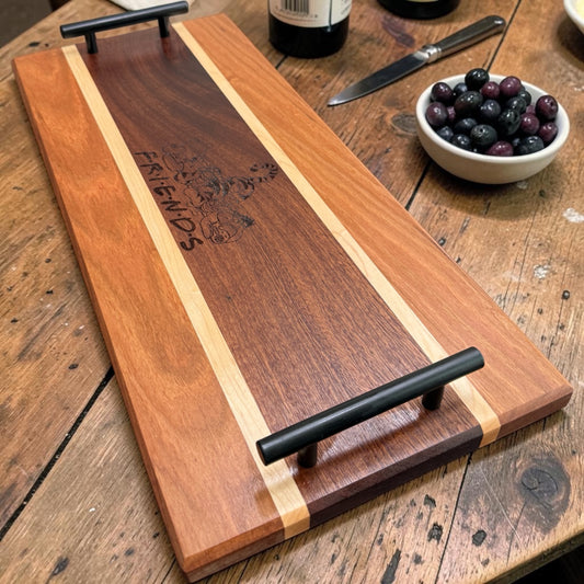Wooden serving tray featuring Pooh and friends illustration by Covered Bridge Workshop, with colorful, detailed character design.