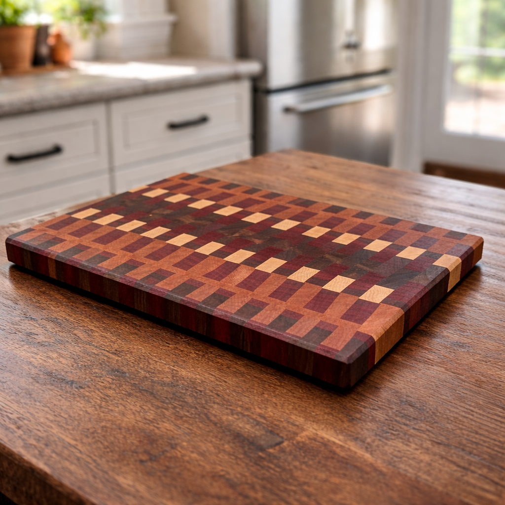 Wooden cutting board from Covered Bridge Workshop with "Something From Nothing" engraved, showing a smooth surface and natural wood grain.