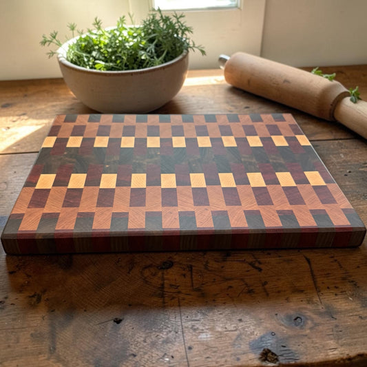Covered Bridge Workshop Lancaster cutting board with a smooth wooden surface and natural finish, ideal for food preparation.