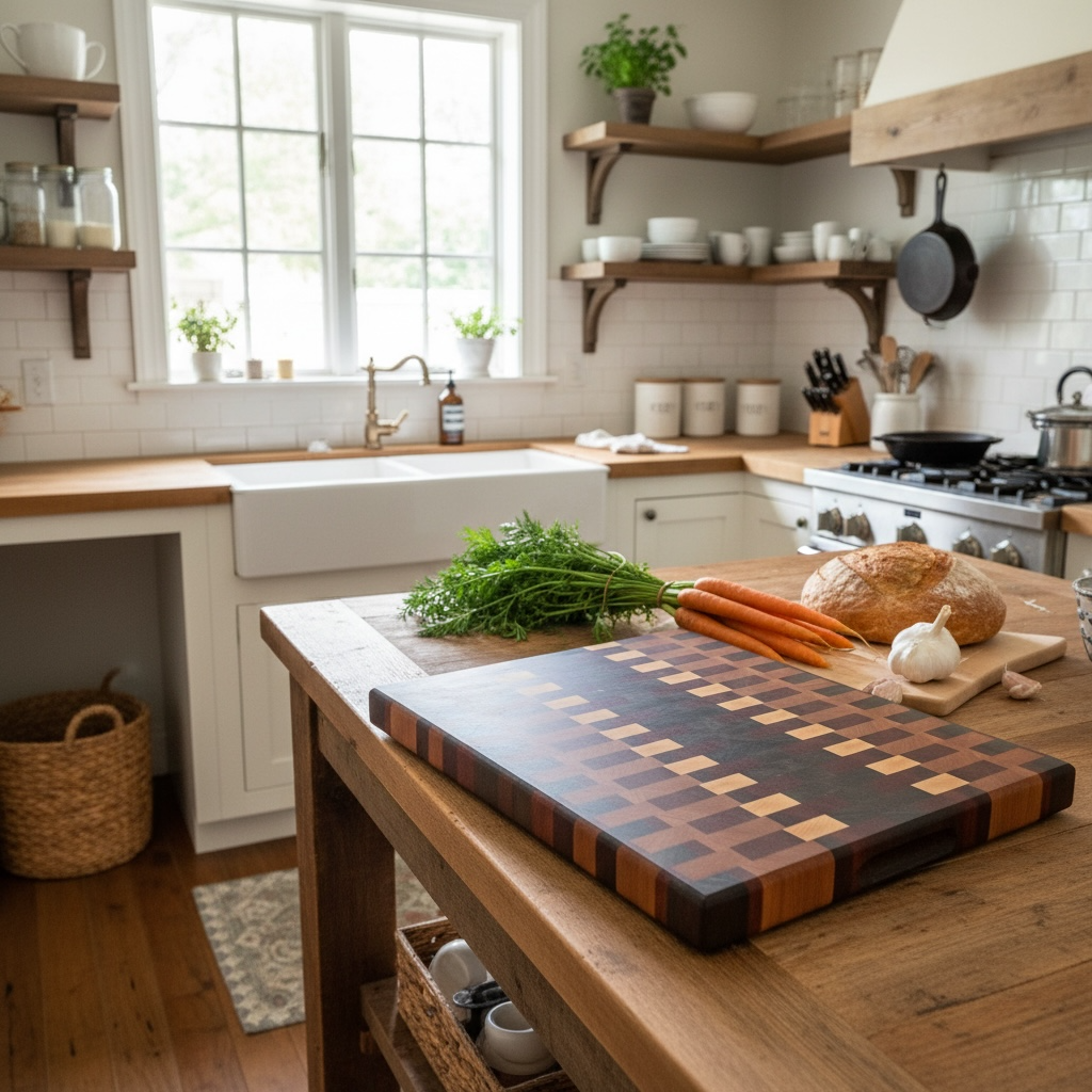Wooden cutting board from Covered Bridge Workshop with a smooth surface and natural wood grain for kitchen prep.