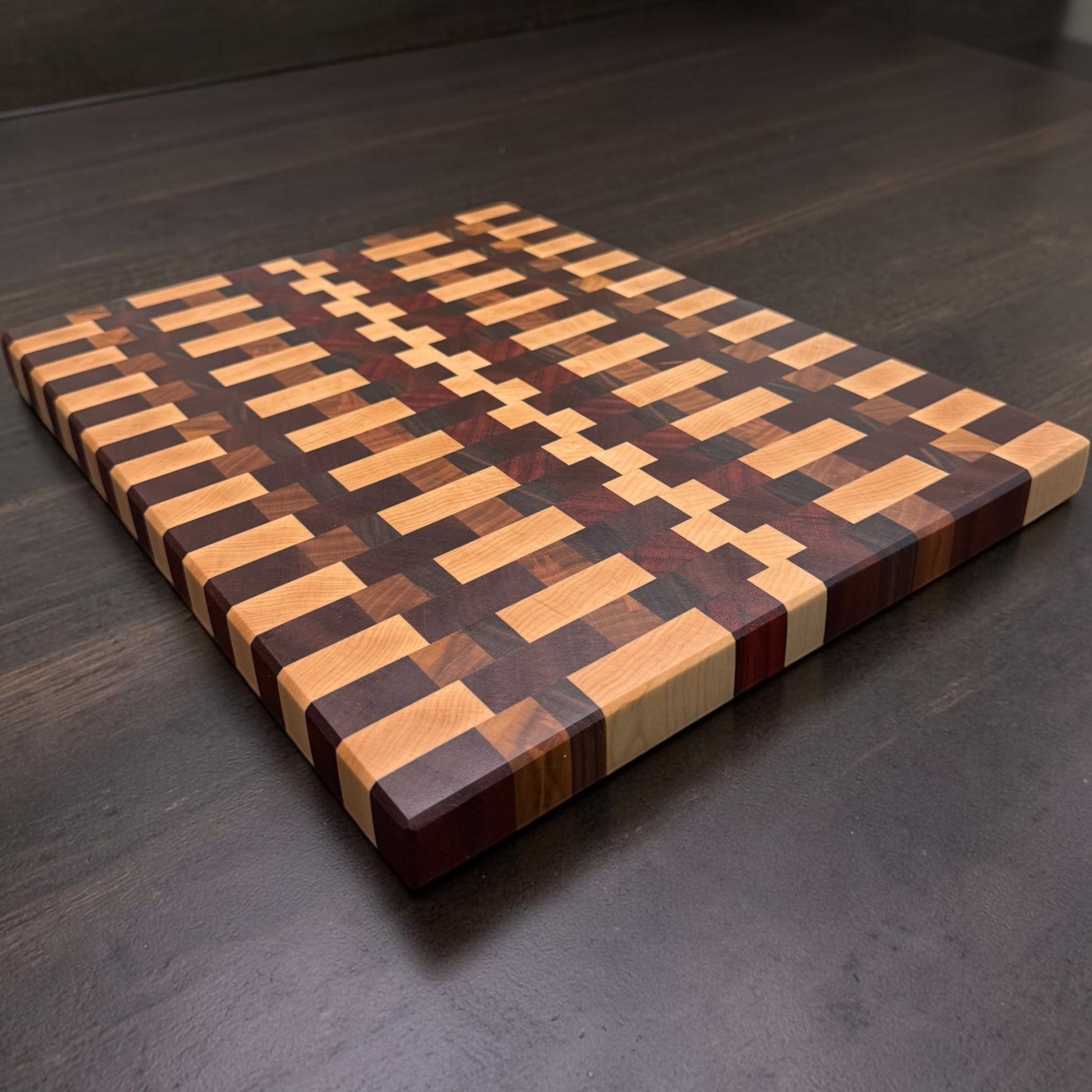 Wooden cutting board labeled "Happy Together" by Covered Bridge Workshop, showcasing a smooth, rectangular kitchen accessory.