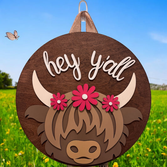 Door Hanger - Hey Y'All Highland Cow