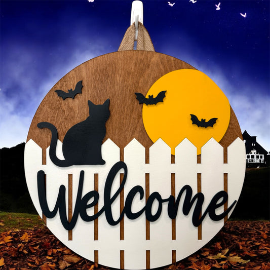 Door Hanger - Welcome (Cat on a Fence)